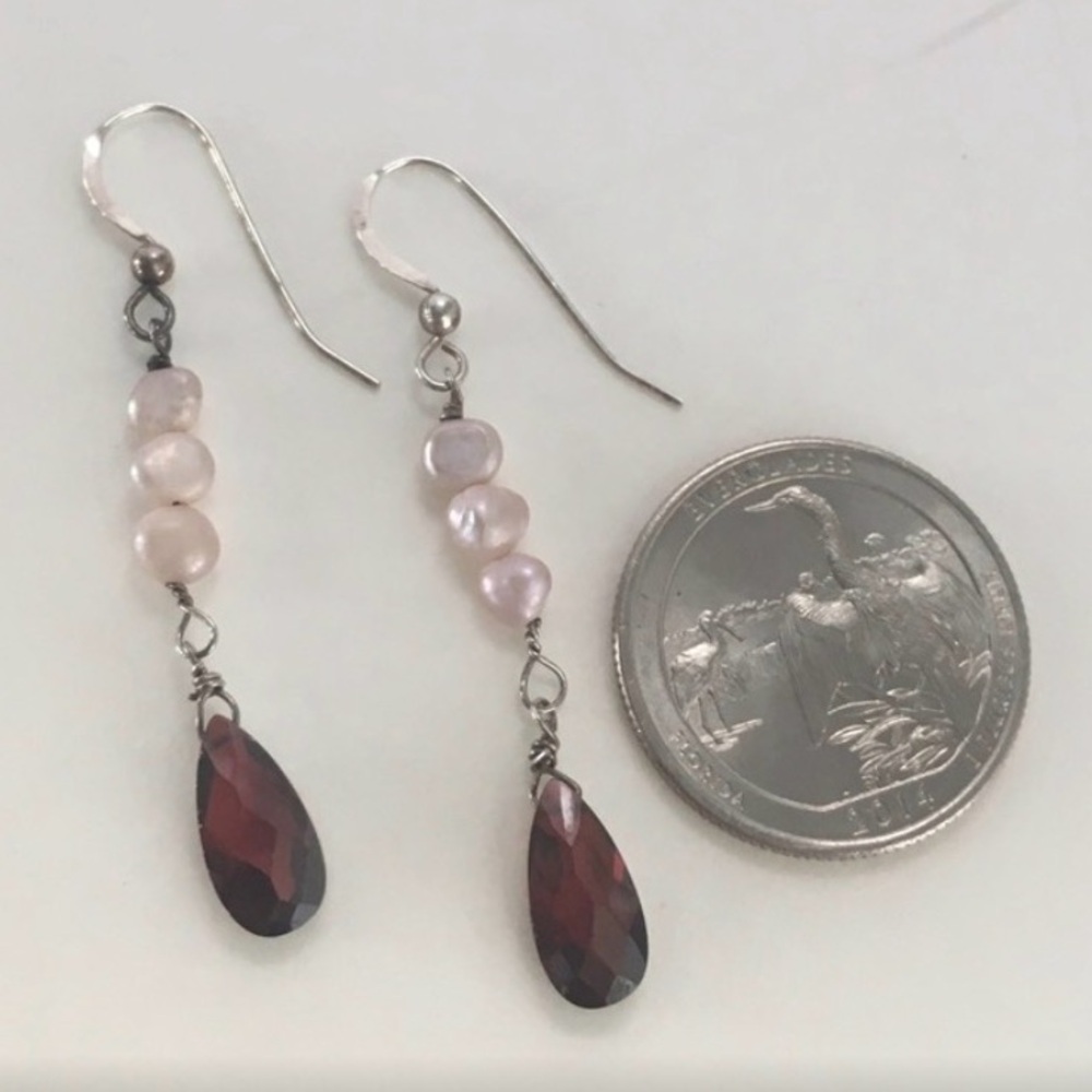 Handmade Garnet and Pink Pearl Drop Earrings - Picture 2 of 3
